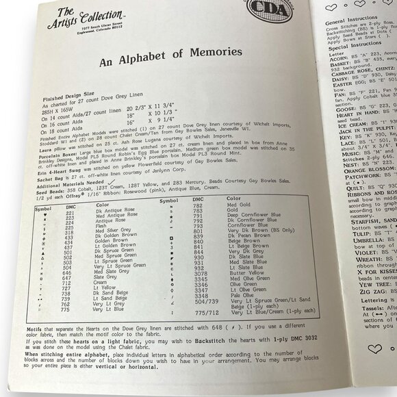 An Alphabet of Memories Cross Stitch Heartstrings Pat Thode Hearts 1989 - Picture 2 of 3